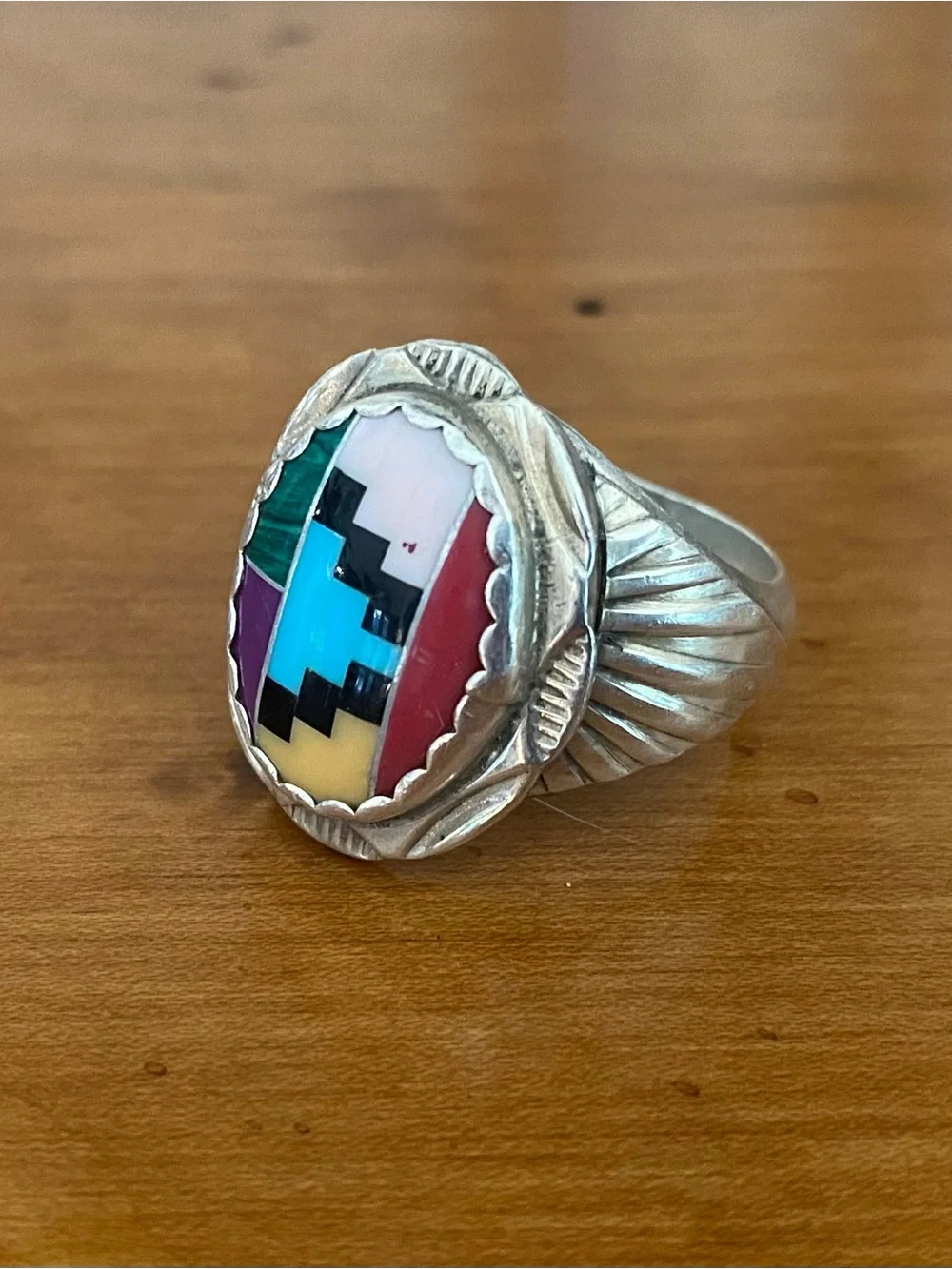 Vintage Native Sterling Silver Mosaic Multi Gemstone Inlay Men's Ring size 12